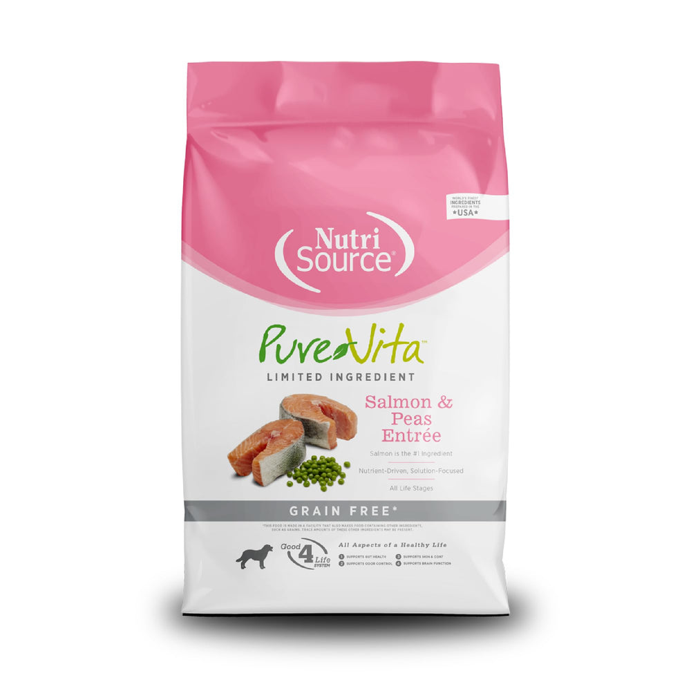 NutriSource Pure Vita salmon and peas dry dog food bag showing grain-free formula for dogs.
