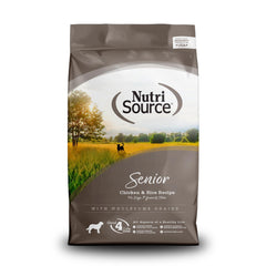 NutriSource Senior Chicken and Rice bag highlights balanced senior nutrition.