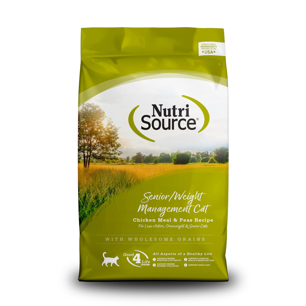 NutriSource Senior Weight Management cat food 12lb bag for adult maintenance