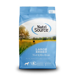 NutriSource Trout and Rice large-breed dry food bag showing protein-rich kibble