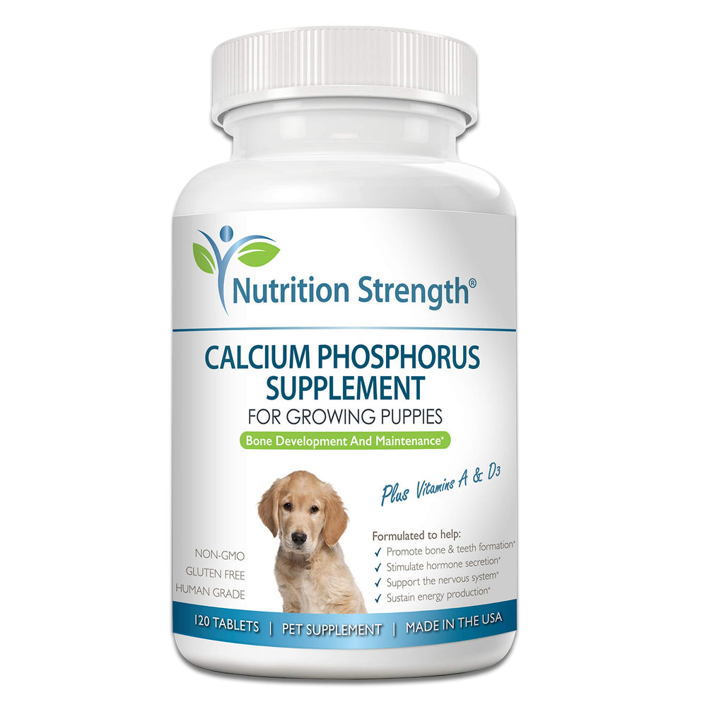 Nutrition Strength calcium phosphorus tablets for dogs support growing puppies' bone health.