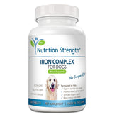 Nutrition Strength dog iron tablets bottle showing an easy-to-administer supplement for daily blood health.