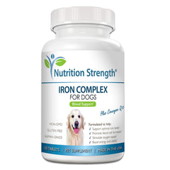 Nutrition Strength dog iron tablets bottle showing an easy-to-administer supplement for daily blood health.