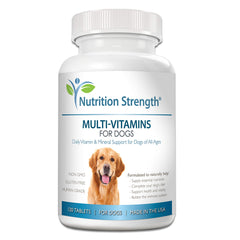 Nutrition Strength dog multivitamins bottle front for daily vitality support.