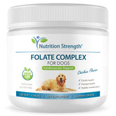 Nutrition Strength Folate soft chews for dogs in a dish, supporting red blood cell formation.