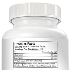 Nutrition Strength Quercetin for Dogs label closeup highlights bromelain and ingredients.