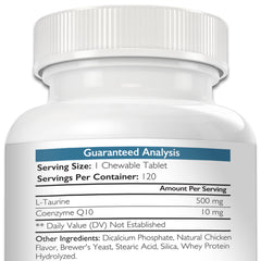 Nutrition Strength Taurine for Dogs tablets close-up, chewable heart support.
