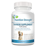 Nutrition Strength thyroid dog bottle pour shows easy-to-dispense chewables for pets.
