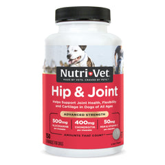 Nutri-Vet Advanced Strength hip joint chews bottle—targeted mobility support for dogs.