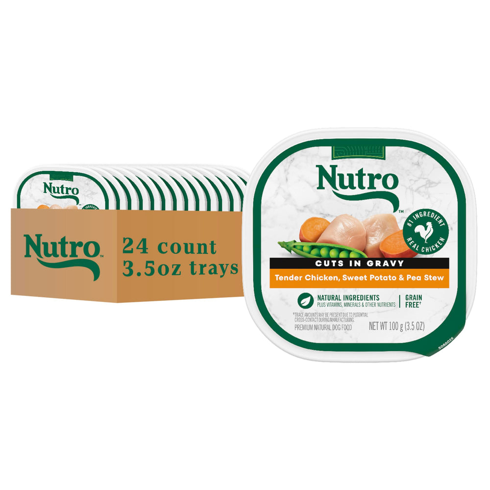 Nutro adult wet dog food tray with tender chicken and sweet potato for daily protein.
