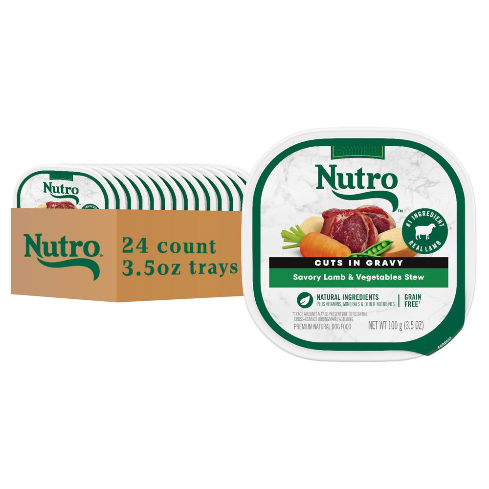 Nutro Lamb Vegetables Stew tray ready to serve as a complete meal for adult dogs.