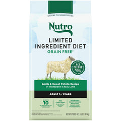 Nutro Limited Ingredient Diet Lamb and Sweet Potato dry dog food bag, grain-free and balanced.