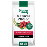 Nutro Natural Choice beef and brown rice dry dog food bag highlighting real beef as the #1 ingredient.