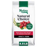 Nutro Natural Choice dog food bag highlights beef as the #1 ingredient for protein.
