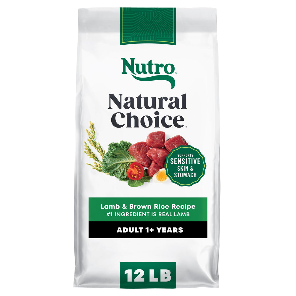 Nutro Natural Choice Lamb Brown Rice kibble in a bowl for adults, showing serving scene.