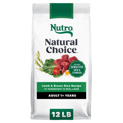 Nutro Natural Choice Lamb Brown Rice kibble in a bowl for adults, showing serving scene.