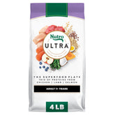 Nutro Ultra Dry Dog Food trio-proteins bag showcases lean muscle support for adult dogs.