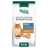 Nutro Wholesome Essentials senior dry cat food bag highlighting real chicken as main protein