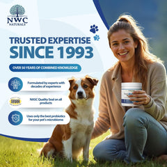 Dog bowl with Total-Biotics powder for daily gut health support.