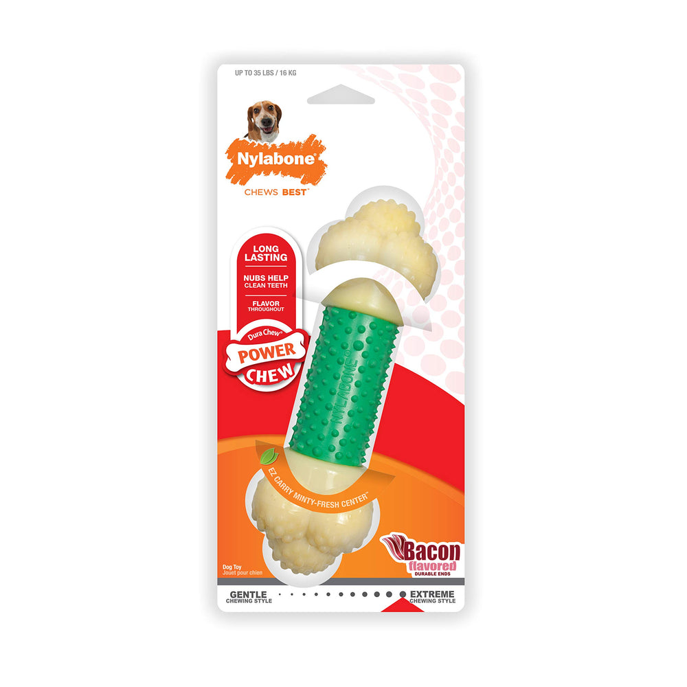 Nylabone Double Action Bone Bacon Flavor for dogs up to 35 lbs; encourages safe chewing.