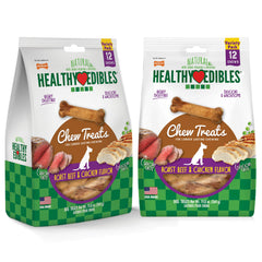 Nylabone Healthy Edibles roast beef chew shown with a dog, providing long-lasting entertainment.