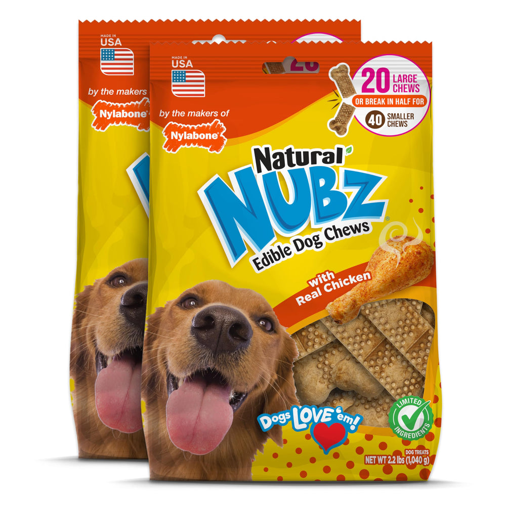 Nylabone Nubz packaging shows 40-count USA-made chews for large dogs.