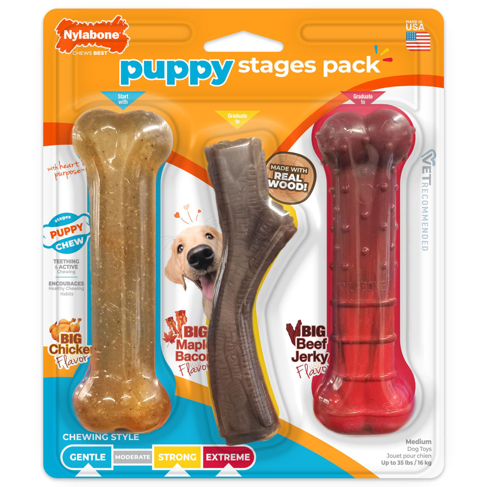 Nylabone Puppy Stages chicken toy shown for teething relief and dental play