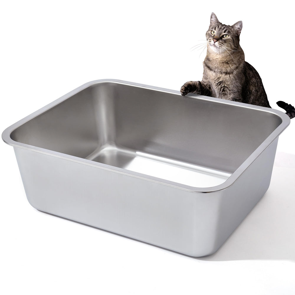 Nyutu stainless steel litter box front view with high sides for containment.