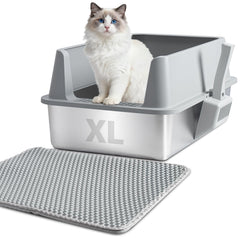 Nyutu XL stainless litter box with cover helps contain mess and spills.