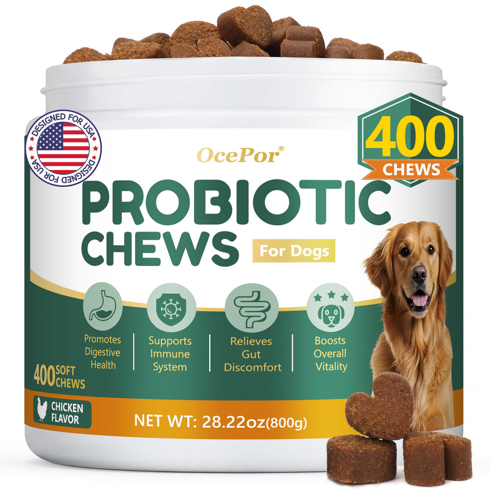 OcePor dog probiotics 400 chews bottle supports daily digestive health.