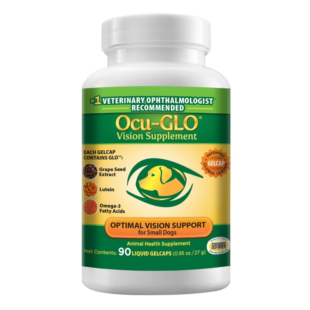 Ocu-GLO Canine Vision supplement bottle on counter for small dogs
