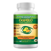 Ocu-GLO Canine Vision supplement bottle on counter for small dogs