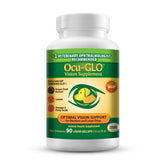 Ocu-GLO dog eye health bottle displaying antioxidants and dosage for daily use
