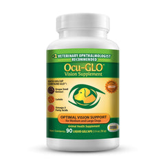 Ocu-GLO dog eye health bottle displaying antioxidants and dosage for daily use