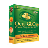 Ocu-GLO PB powder bottle dispensing into pet food for easy administration