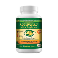 Ocu-GLO Vision bottle displayed for daily eye health support for dogs.