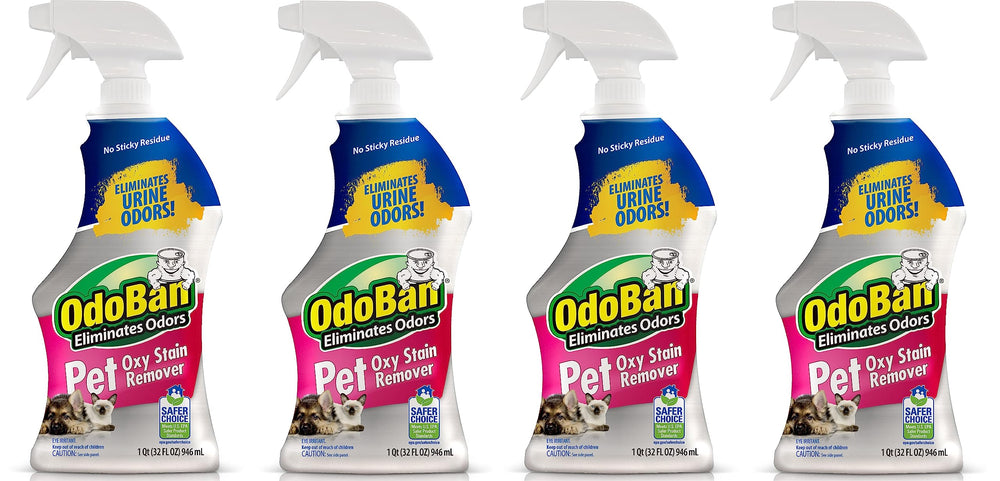 OdoBan Pet Solutions Oxy Stain Remover bottle shows powerful stain lifting on fabrics.