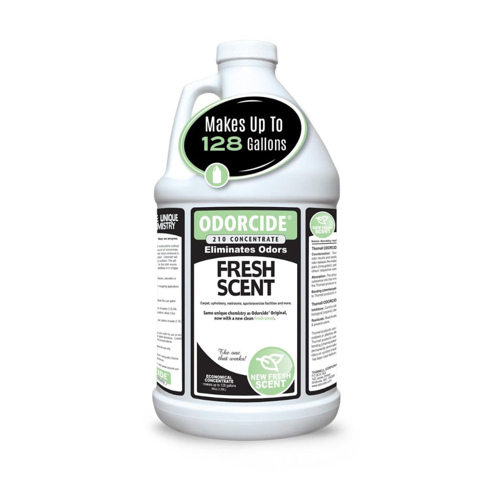Odorcide 210 bottle pour enabling easy dilution for odor control.