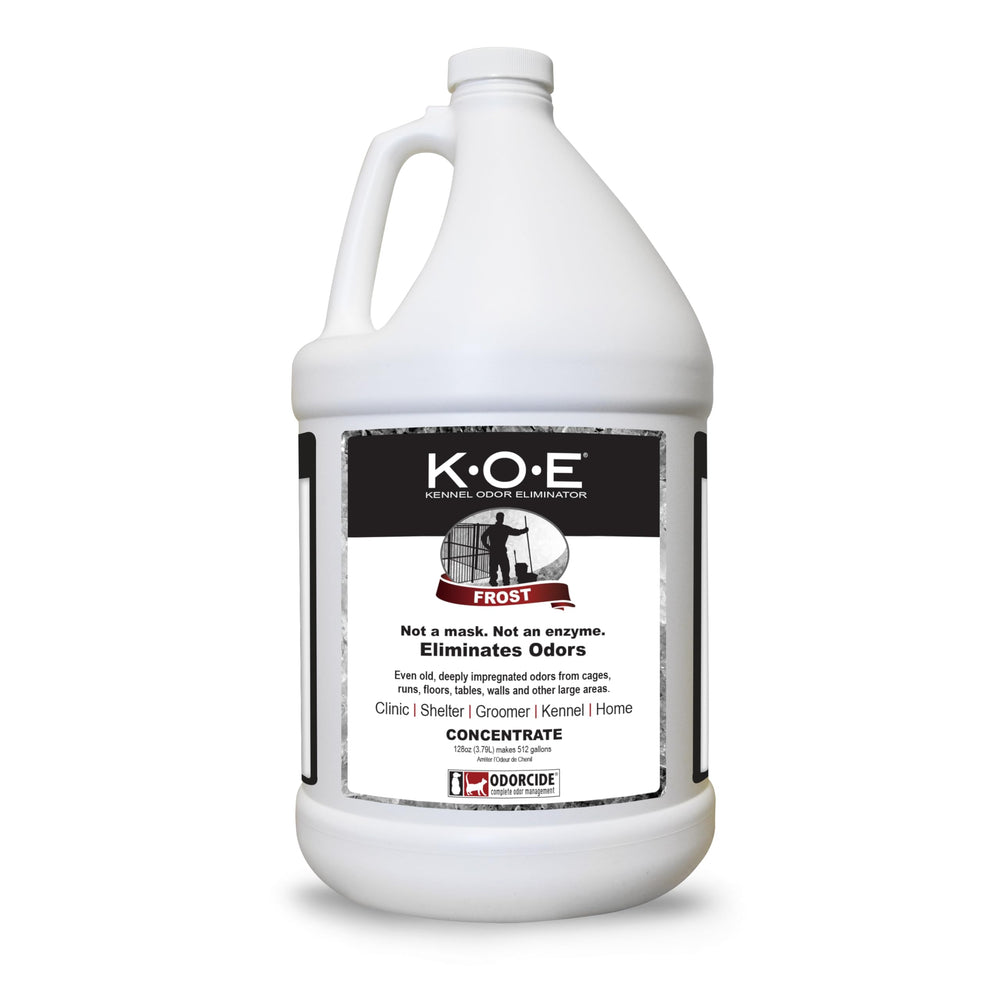 Odorcide K.O.E concentrate bottle for efficient odor control in kennels.