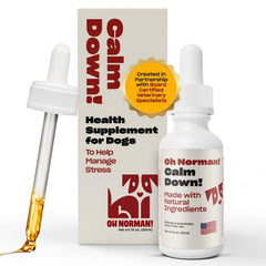 OH NORMAN! dog calming aid bottle close-up shows natural ingredients for calm