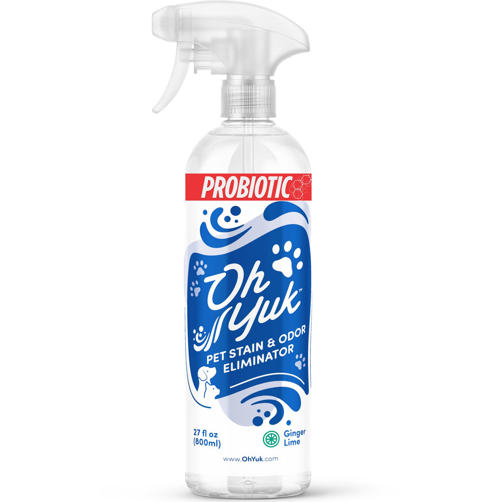 Oh Yuk Probiotics Pet Odor Eliminator bottle for deep odor control on carpets and fabrics.