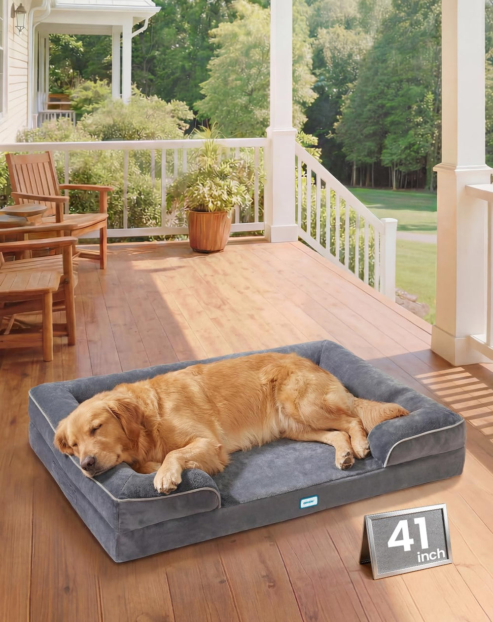OhGeni orthopedic bed couch with bolster design provides secure, cozy rest for large pets.