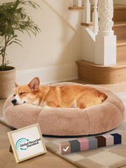 OhGeni Calming Donut Bed cover close-up highlights ultra-soft plush for cozy warmth.