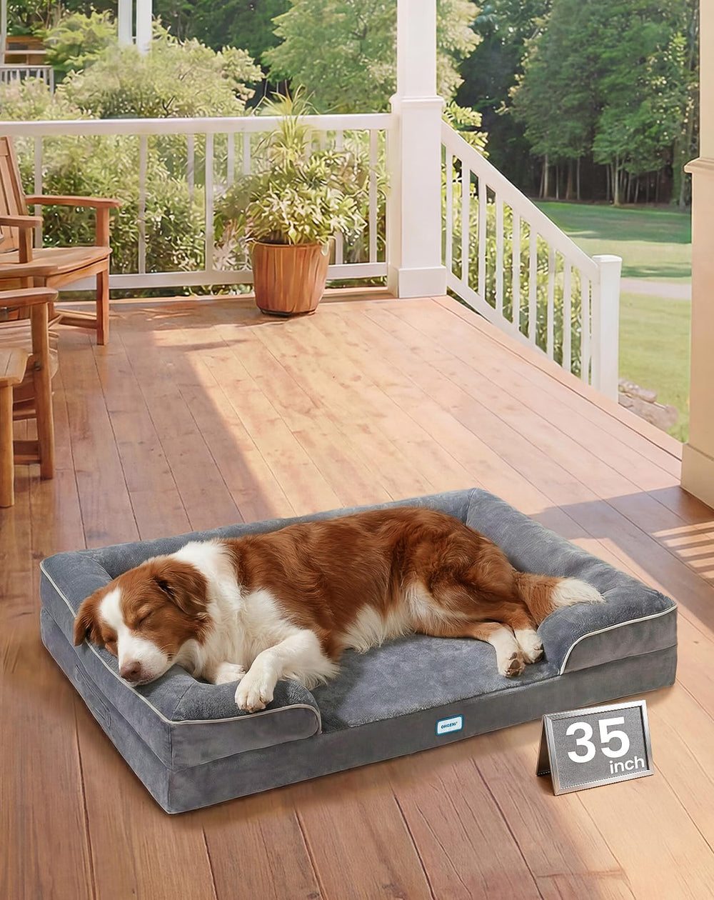 OhGeni orthopedic dog bed with bolster provides secure, cocoon-like rest.