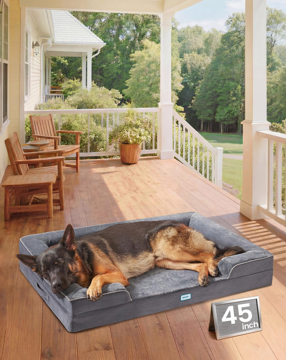 OhGeni orthopedic dog bed couch front view showing plush surface and bolsters for cozy rest.