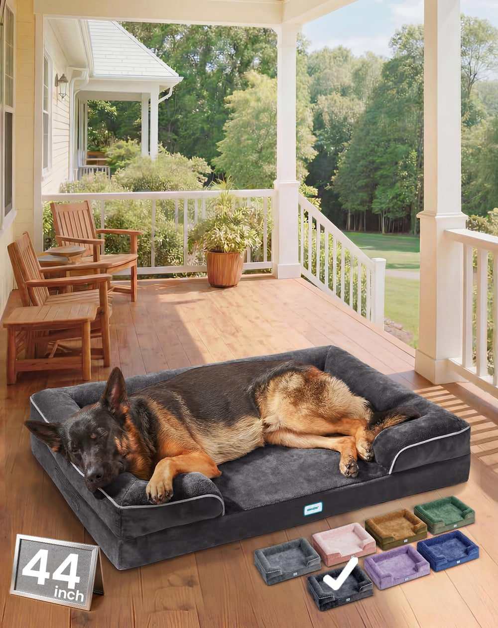 OhGeni orthopedic bed front view showing spacious 44-inch surface for large pets