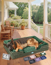 OhGeni orthopedic dog bed couch green front view, 44-inch size for large pets.