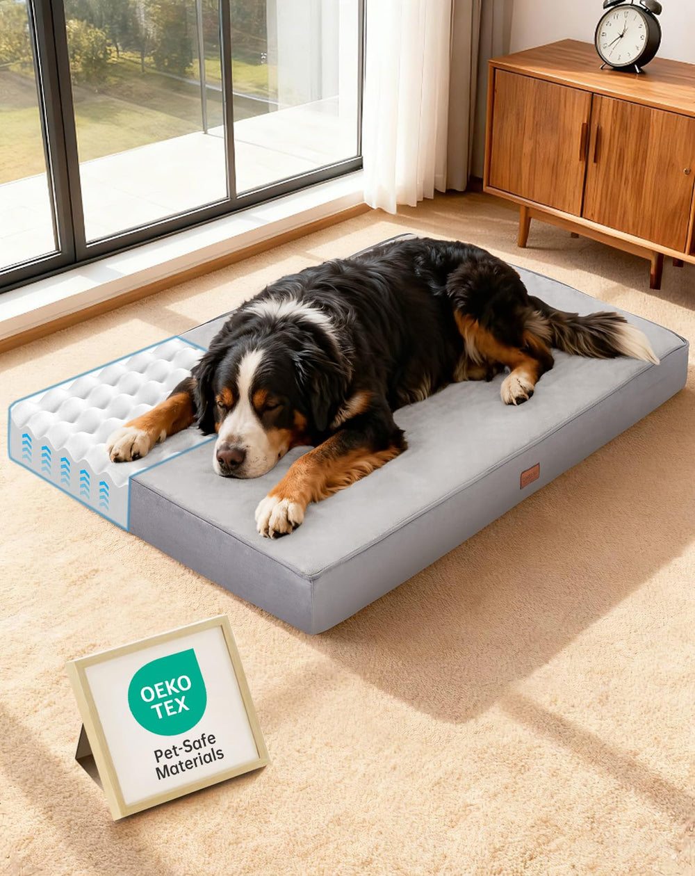 OhGeni orthopedic dog bed foam closeup showing joint support