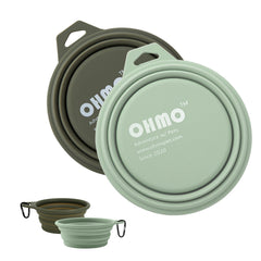 OHMO large collapsible dog bowl shown in travel-ready setup for hiking