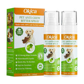 Okica bitter apple dog spray bottle close-up shows anti-chew training use on furniture.